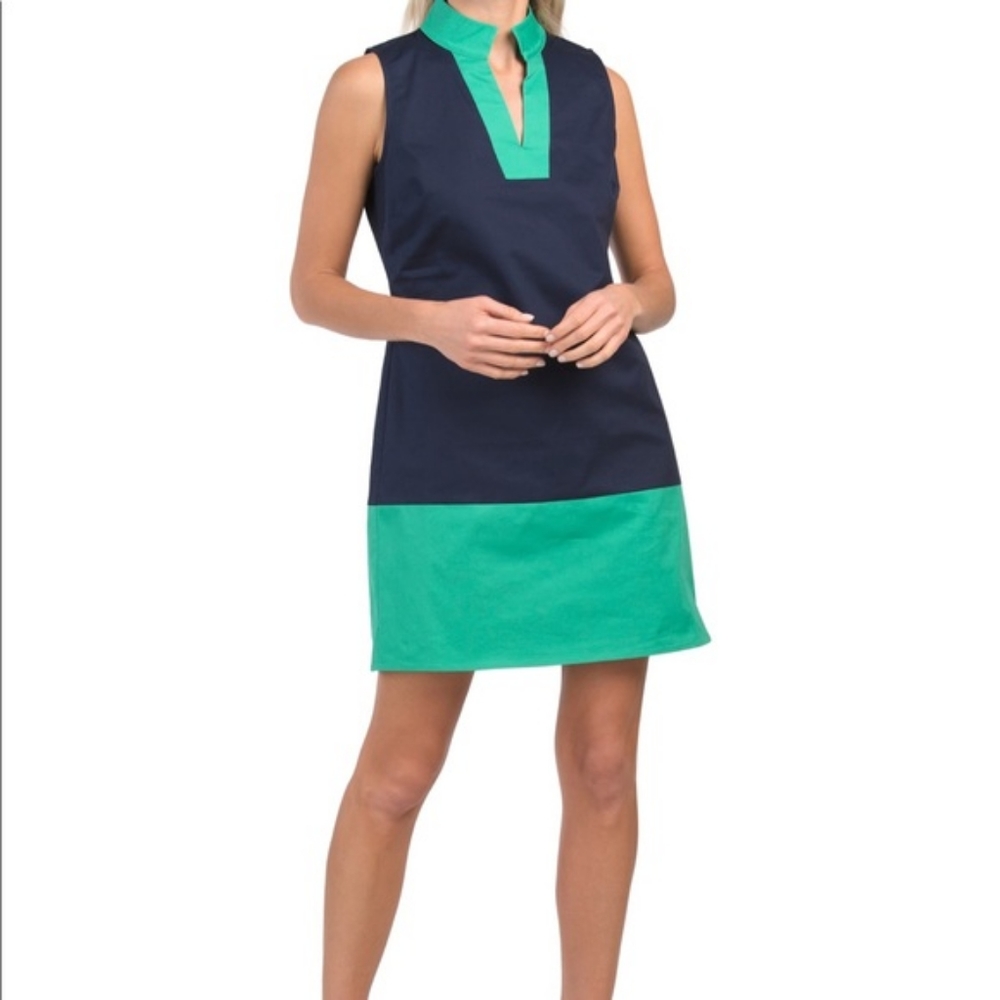 Sail to Sable Navy with Green trim a-line sleeveless dress